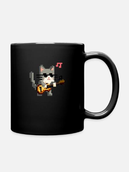 Katze am Gitarre spielen in Pixel Art - Tasse einfarbig - Schwarz