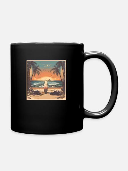 Surfboard am Strand im Sonnenuntergang - Tasse einfarbig - Schwarz