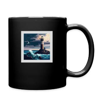 Leuchtturm mit Möve in stürmischer See in Pixelart - Tasse einfarbig - Schwarz - Rechts