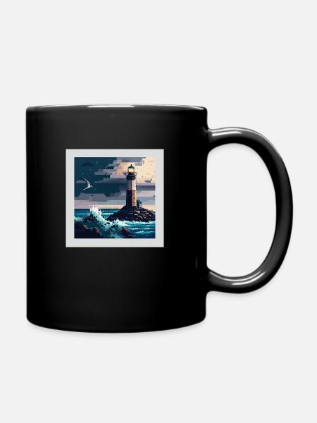 Phare avec mouette dans une mer orageuse en pixel art - Mug uni - noir