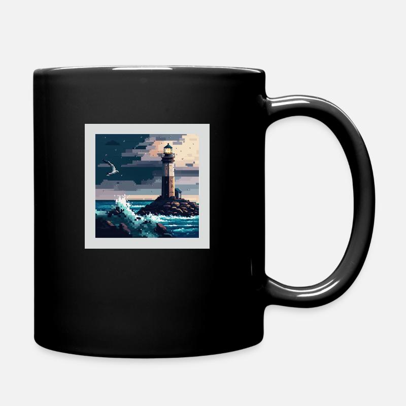 Leuchtturm mit Möve in stürmischer See in Pixelart - Tasse einfarbig - Schwarz
