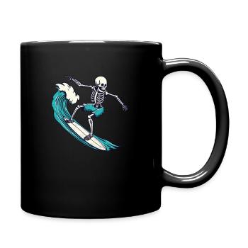 Skeleton surfing on wave in swimming trunks - Full Colour Mug - black - Right