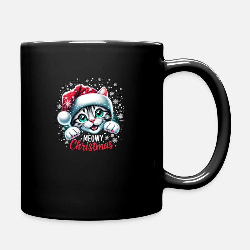 Weihnachtskatze im Schneegestöber - Tasse einfarbig - Schwarz