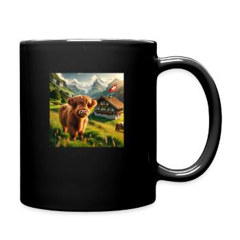 Highland cow in a picturesque Swiss landscape - Full Colour Mug - black - Right