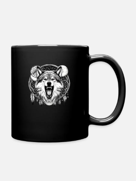 Wolf, moon, dream catcher. - Full Colour Mug - black