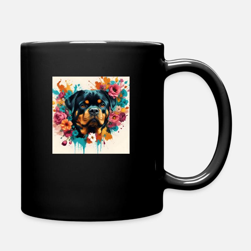 Rottweiler, Blumen - Tasse einfarbig - Schwarz