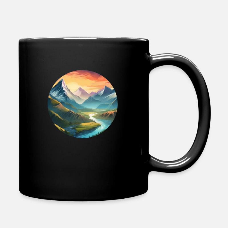 Mountain Landscape with Meadows, River, Sunset - Full Colour Mug - black