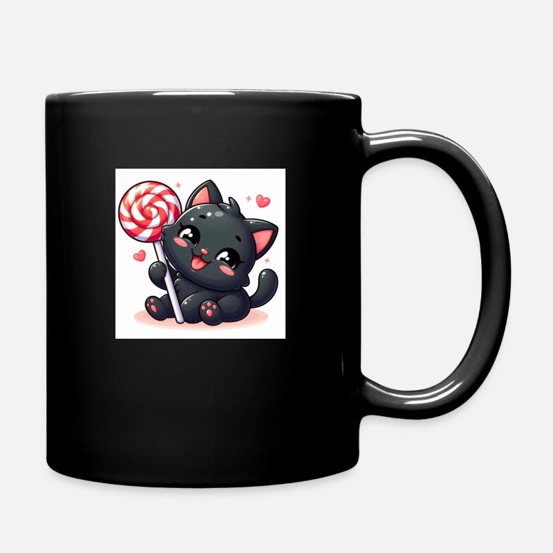 Sweet Kitty Black Cheerful with Lollipop and Hearts - Full Colour Mug - black