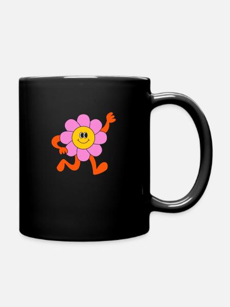 Happy Flower Running Character - Full Colour Mug - black