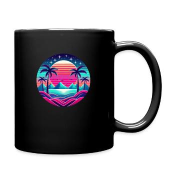 Mirrored neon palm tree 90s look with mountains/sun - Full Colour Mug - black - Right