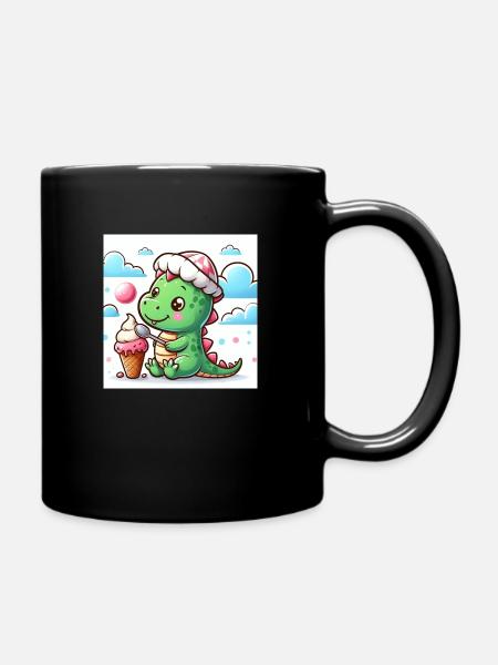 Dino with hat and cream cone - Full Colour Mug - black