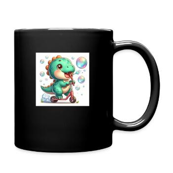 Dino mit Seifenblasen auf einem Roller - Tasse einfarbig - Schwarz - Rechts