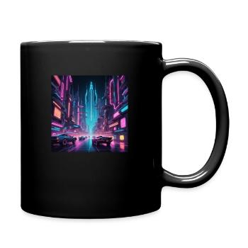 stylized retrofuturistic cityscape featuring neon - Mug uni - noir - Droite