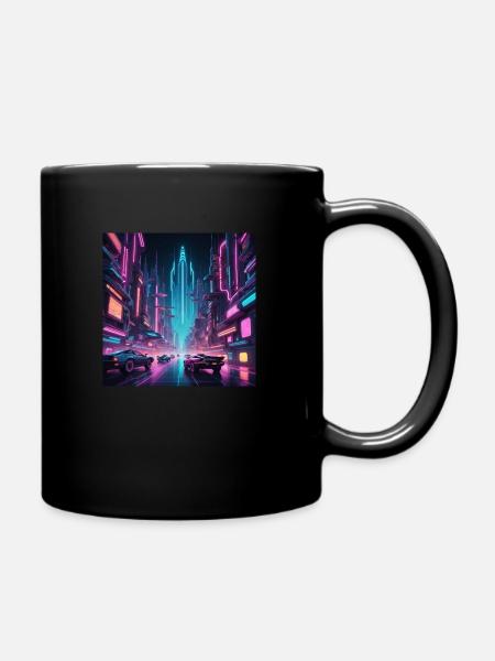 stylized retrofuturistic cityscape featuring neon - Mug uni - noir