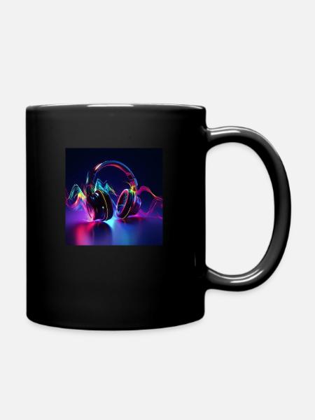 Headphones and music waves in 3D look - Full Colour Mug - black