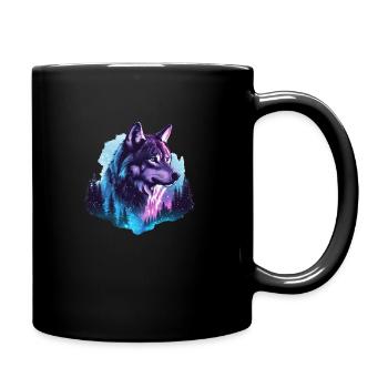 Wolf Polarlicht Wald Natur - Tasse einfarbig - Schwarz - Rechts