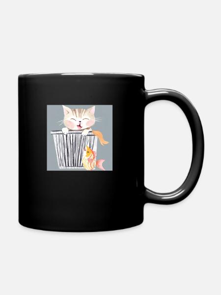 katze mit fisch - Tasse einfarbig - Schwarz