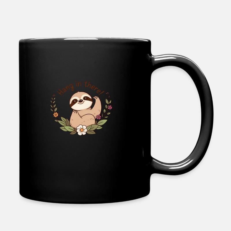 Cartoon Sloth Holding Flowers, Relaxed Pose - Full Colour Mug - black