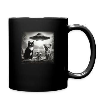 Chihuahua und UFO-Katze - Tasse einfarbig - Schwarz - Rechts