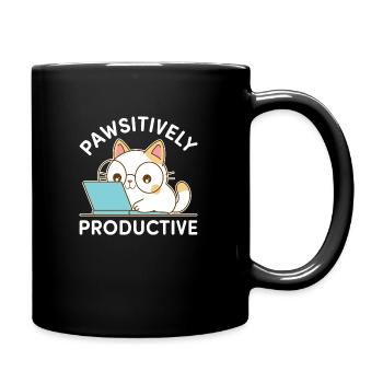 Pfotenproduktiv – Kawaii Cat bei der Arbeit - Tasse einfarbig - Schwarz - Rechts