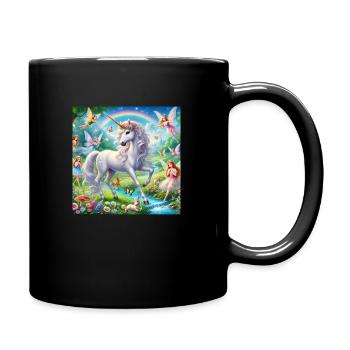 Einhorn mit Elfen in einer Fantasielandschaft - Tasse einfarbig - Schwarz - Rechts