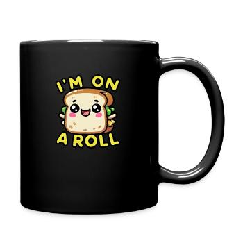 Kawaii Chibi Sandwich – I'm on a Roll Fun Food Pun - Full Colour Mug - black - Right