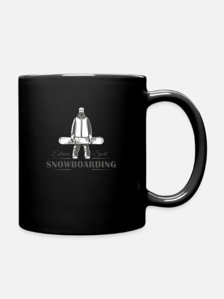Snowboarder holds his snowboard. - Full Colour Mug - black