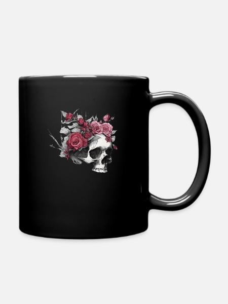 Totenkopf mit Rosen - Tasse einfarbig - Schwarz