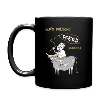 Stier Kuh, falsches Pferd, lustiger Spruch & Comic - Tasse einfarbig - Schwarz - Links
