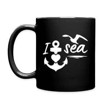 Meer-Ich liebe das Meer mit Anker Herz & Möwe - Tasse einfarbig - Schwarz - Links