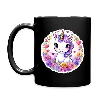 Licorne avec des fleurs/Roses colorées - Licorne douce - Mug uni - noir - Gauche