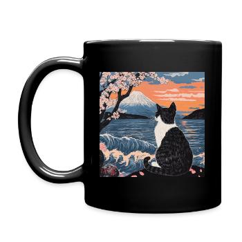 Japanese Cat Mount Fuji Cherry Blossom - Full Colour Mug - black - Left