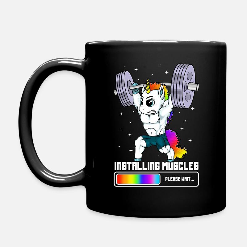 Installing Muscles Unicorn doing Weightlifting - Full Colour Mug - black