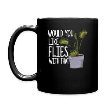 Fliegen damit - Lustige Venusfliegenfalle - Tasse einfarbig - Schwarz - Links