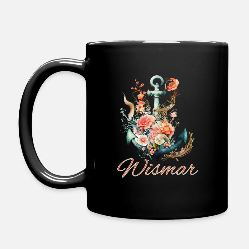 Wismar-Anker mit Blumen - Tasse einfarbig - Schwarz