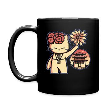 Japanese Shrine Cats: Flowers Cat - Full Colour Mug - black - Left