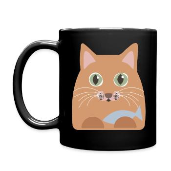 Katze mit Fisch - Tasse einfarbig - Schwarz - Links