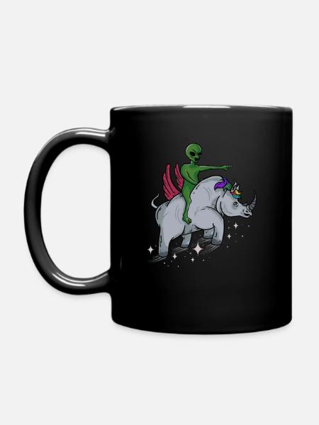 Alien Riding Flying Rhinoceros - Funny Cute Rhino - Full Colour Mug - black