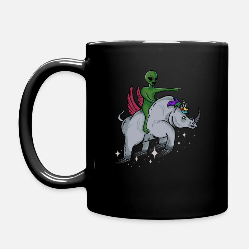 Alien Riding Flying Rhinoceros - Funny Cute Rhino - Full Colour Mug - black