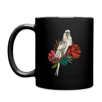 Budgie & Flowers - Cute Nature Budgerigar Bird - Full Colour Mug - black - Left