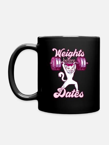 Gewichte vor Daten - lustige Fitness Katze Mädchen Geschenk - Tasse einfarbig - Schwarz