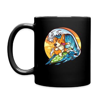 Surfing Corgi - Funny Cute Hawaiian Dog Surfer - Full Colour Mug - black - Left