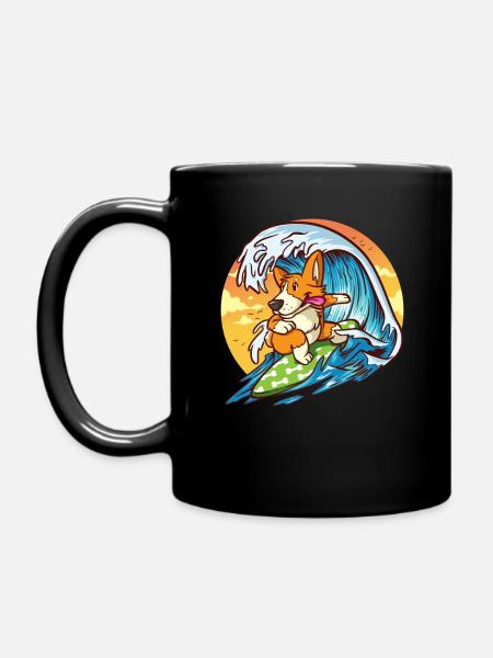 Surf Corgi - Funny Cute Hawaiian Dog Surfer - Mug uni - noir
