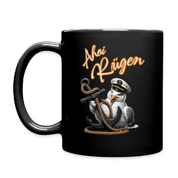Ahoi Rügen ! lustige Möwe mit Anker - Tasse einfarbig - Schwarz - Links