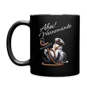 Ahoi Warnemünde ! Lustige Möwe mit Anker - Tasse einfarbig - Schwarz - Links
