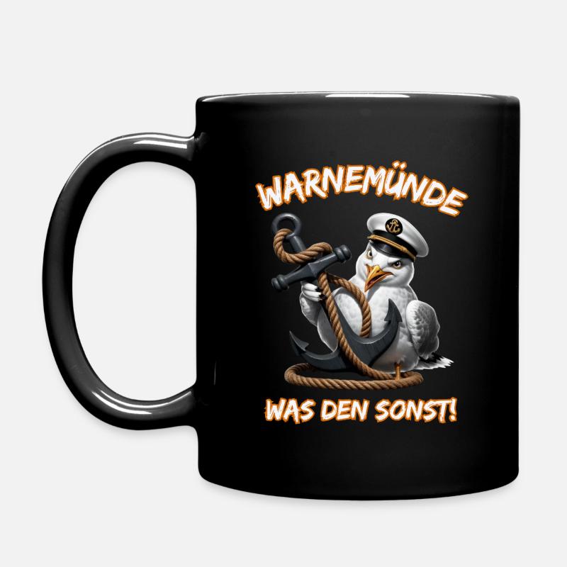 Warnemünde was den sonst! - Lustige Möwe mit Anker - Tasse einfarbig - Schwarz