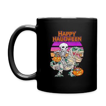 Skelett und T-Rex-Dinosaurier als Mumien verkleidet - Tasse einfarbig - Schwarz - Links