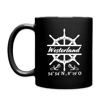 Westerland-Sylt-Steuerrad, Anker & Koordinaten - Tasse einfarbig - Schwarz - Links