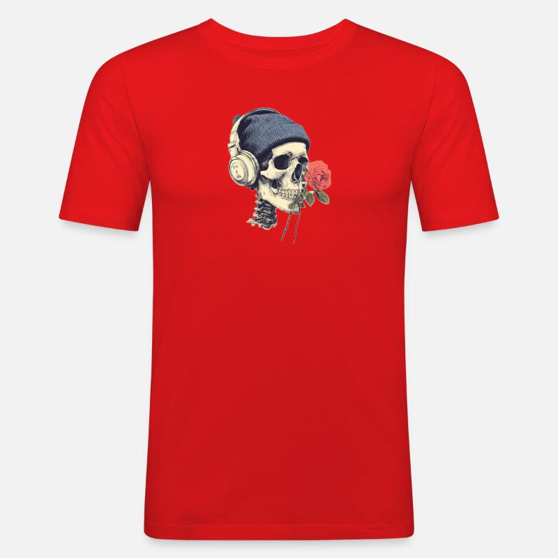 Skull mit Kopfhörern und Rose - Männer Slim Fit T-Shirt - Rot