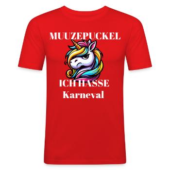 Karneval Unicorn: Ich hasse Karneval - Männer Slim Fit T-Shirt - Rot - Vorne - Jaron (178cm)
